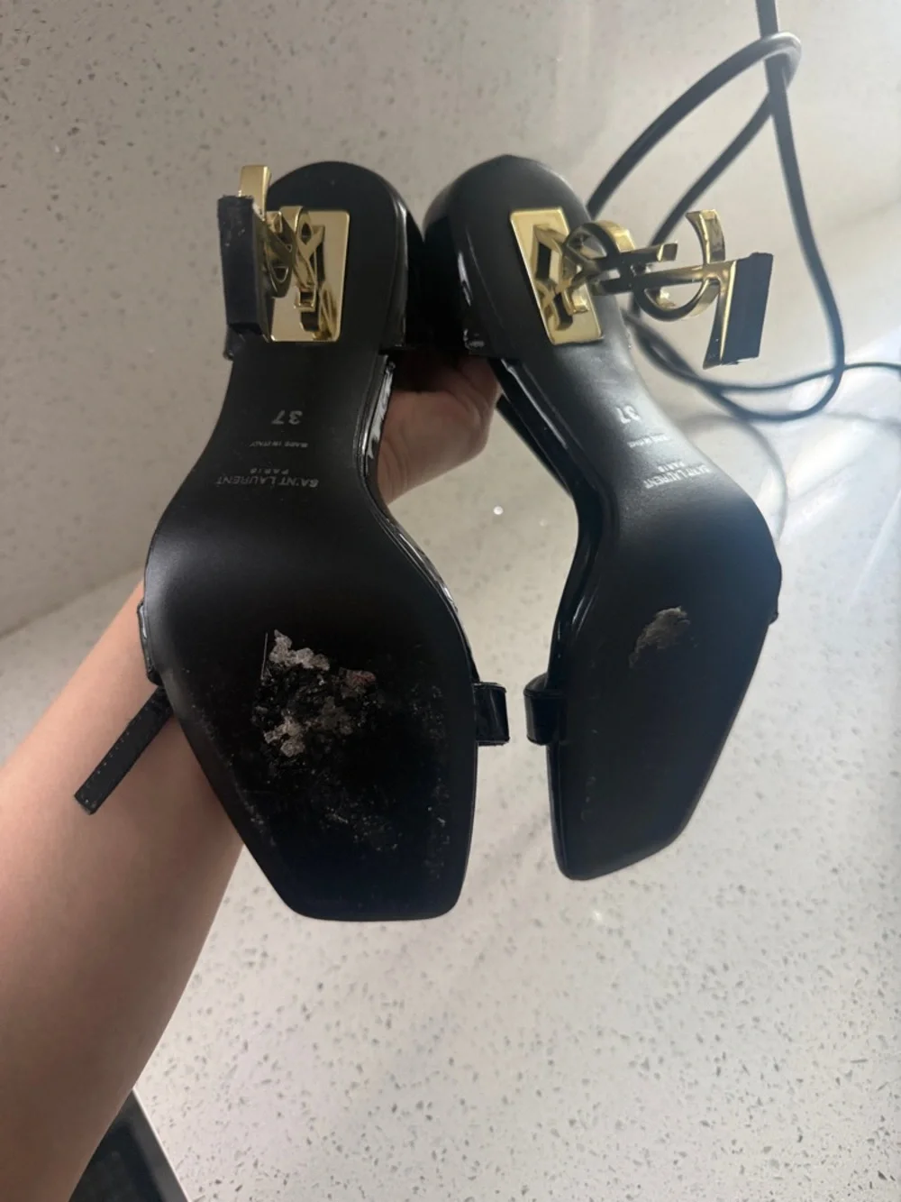 Saint Laurent Black Patent Opyum Logo-Heel Sandals - Picture 6 of 6